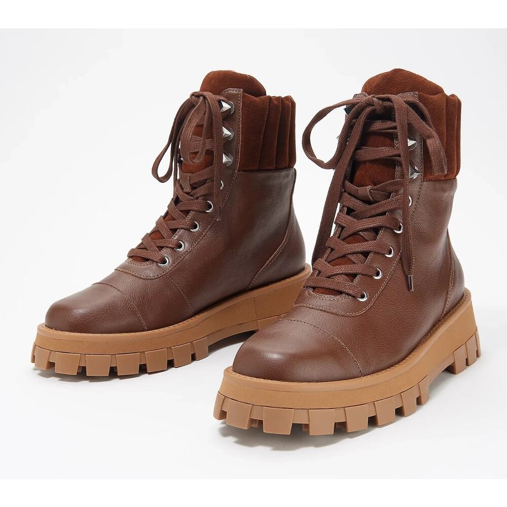 Schutz Leather Lace Up Hiker Boots Sutton Walnut Women's Size 5B New in Box